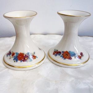 Lenox Bone China Gold Trim Red Blue Fall Floral Candle Holders Thanksgiving